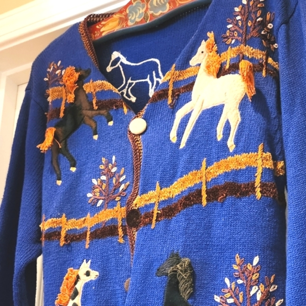 80s VICTORIA HARBOUR Kitsch Horses Country Western Ranch Knit Cardigan Jumper EV - Picture 15 of 16